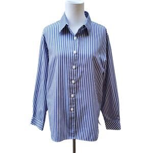 Foxcroft Blue White Stripe Button Down Shirt Top Wrinkle Free Size Petite 14P